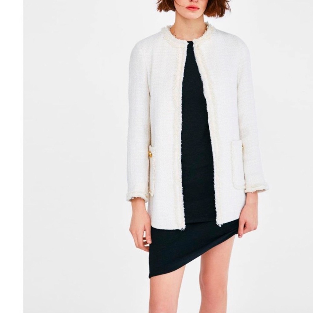 NEW ZARA TEXTURED TWEED FROCK COAT WHITE‎ XS QUIETY LUXURY